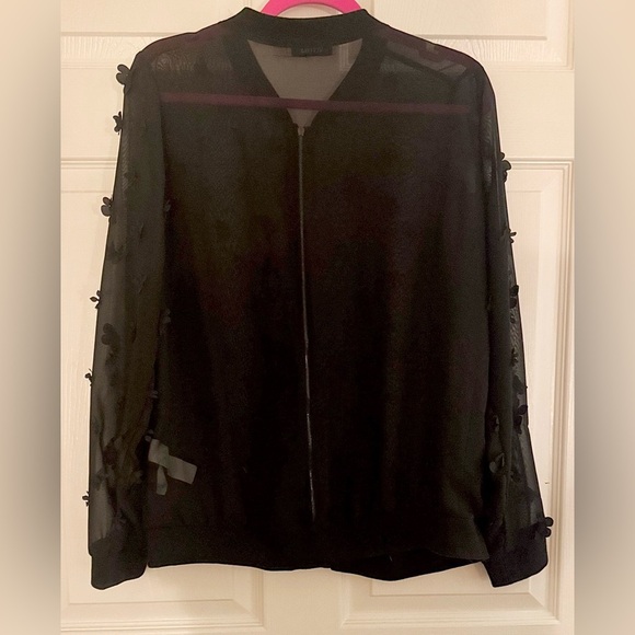 JustFab Black Sheer Bomber Jacket With Floral Appliqués - Picture 2 of 2